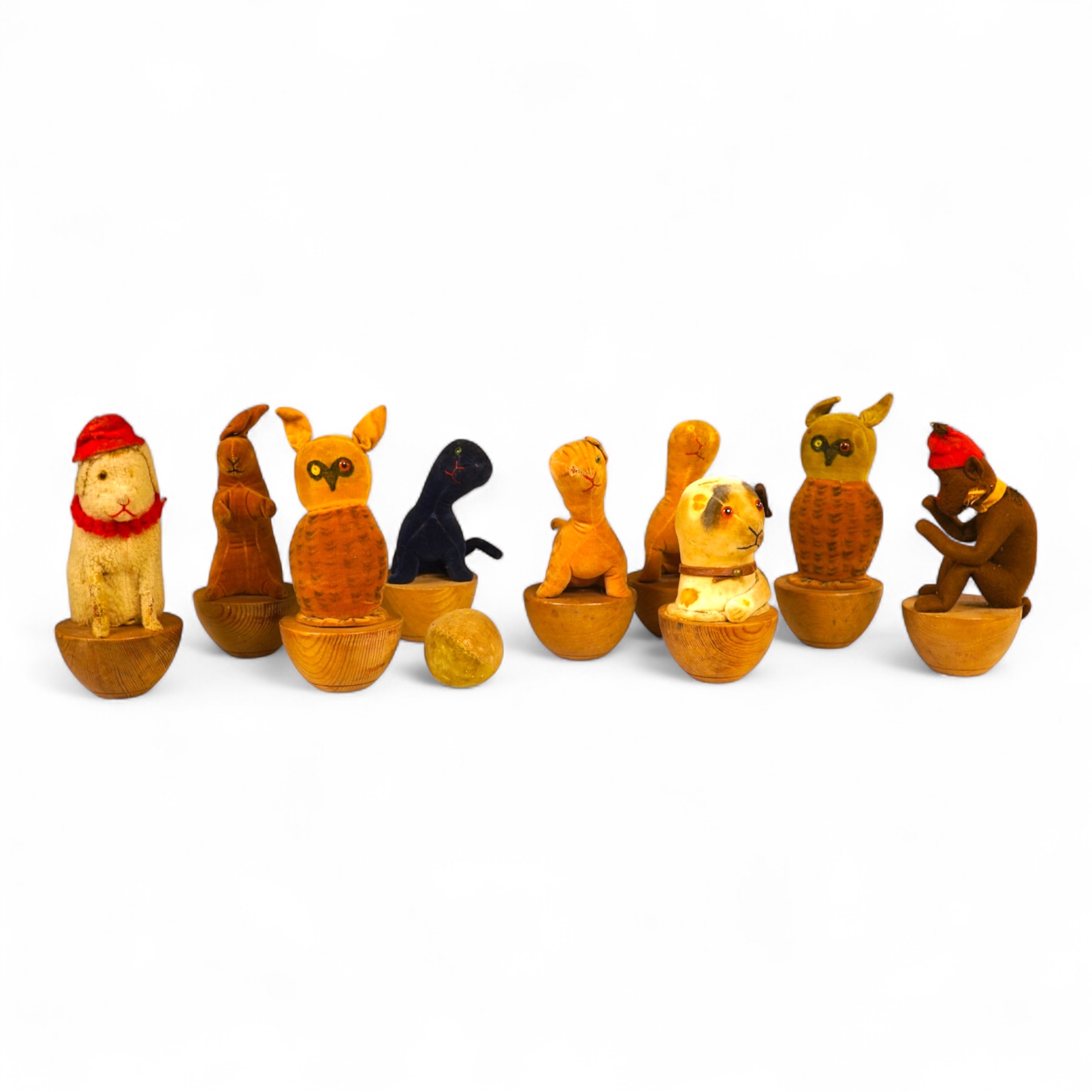 Nine children’s toy 1930’s-40’s soft animal skittles and a ball. Monkey skittle 17cm high